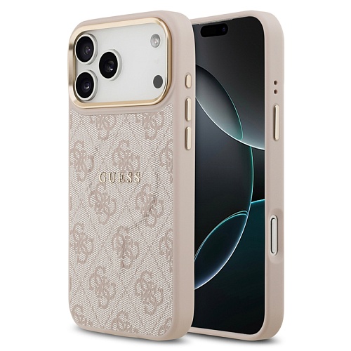 Чехол iPhone 17 Pro Max Guess PU 4G Classic metal logo Gold camera MagSafe, розовый