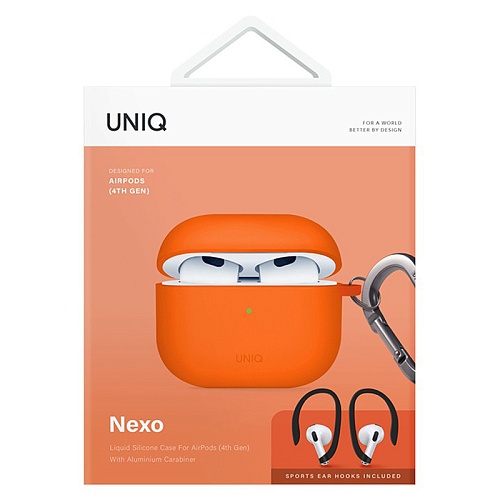 Чехол Airpods 4 Uniq NEXO Liquid silicone +carabin +Sports ear hooks Volt, оранжевый