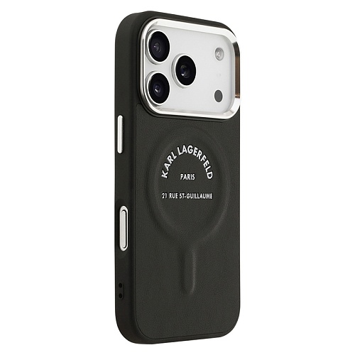 Чехол iPhone 17 Pro Max Lagerfeld PU Smooth leather RSG logo Metal camera MagSafe, черный