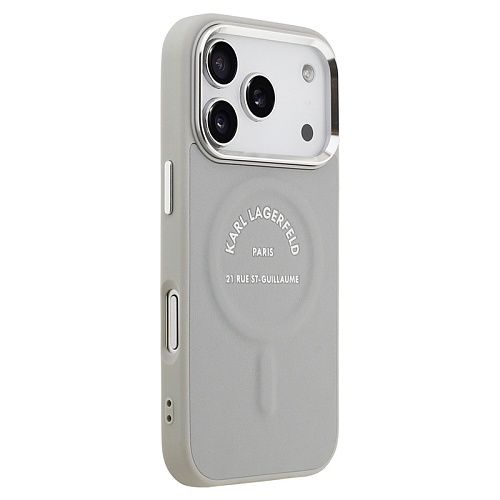 Чехол iPhone 17 Pro Max Lagerfeld PU Smooth leather RSG logo Metal camera MagSafe, серый