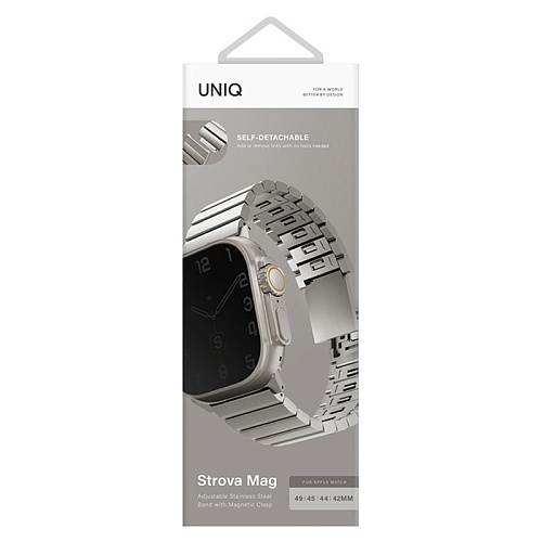 Ремешок Apple Watch 49/46/45/44mm Uniq Strova MAG Strap Link Steel, серебристый
