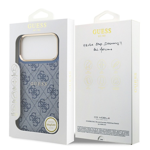 Чехол iPhone 17 Pro Max Guess PU 4G Classic metal logo Gold camera MagSafe, синий