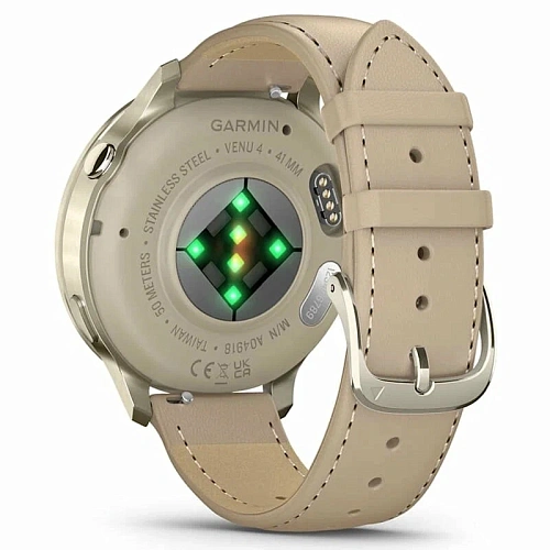 Спортивные часы Garmin Venu 4, 41 мм, корпус лунное золото, светло-песочный кожаный ремешок