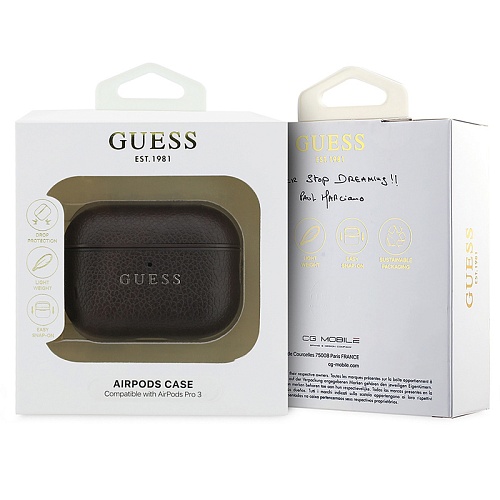 Чехол Airpods Pro 3 Guess PU Grained leather with Classic metal logo and Carabin, коричневый