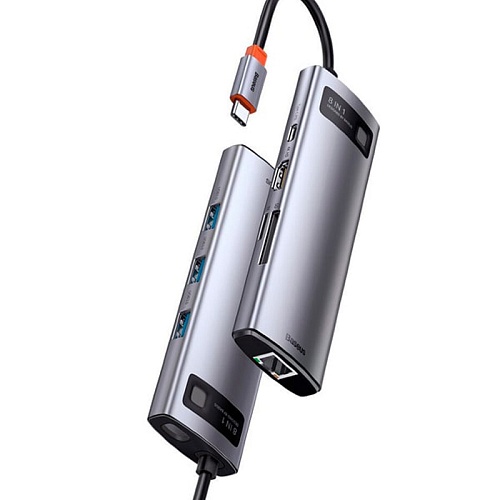 Хаб Baseus Metal Gleam Series 8-In-1 TYPE-C/3USB/HDMI/MicroCD/TF/RJ45, серый