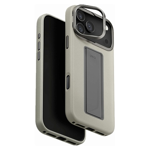 Чехол iPhone 17 Pro Max Uniq Heldro PRO Leatherette + FlexGrip & Camera stand MagSafe, серый
