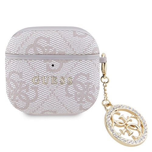 Чехол Airpods 4 Guess PU leather 4G with Classic metal logo and Diamond charm, розовый