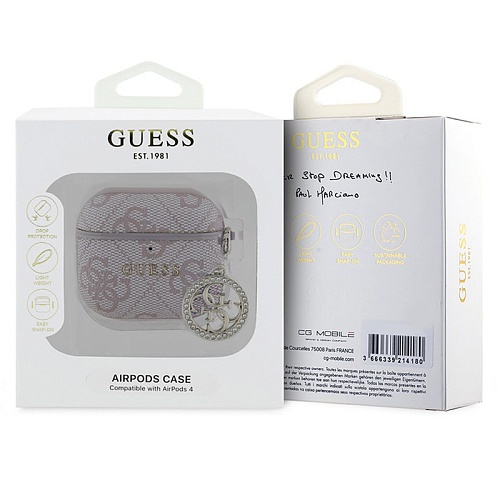 Чехол Airpods 4 Guess PU leather 4G with Classic metal logo and Diamond charm, розовый