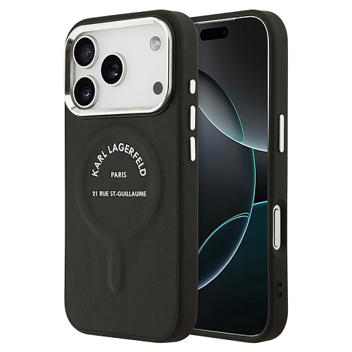 Чехол iPhone 17 Pro Max Lagerfeld PU Smooth leather RSG logo Metal camera MagSafe, черный