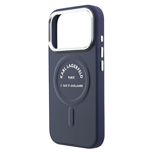 Чехол iPhone 17 Pro Max Lagerfeld PU Smooth leather RSG logo Metal camera MagSafe, синий