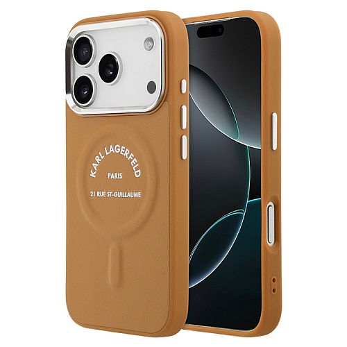 Чехол iPhone 17 Pro Max Lagerfeld PU Smooth leather RSG logo Metal camera MagSafe, коричневый
