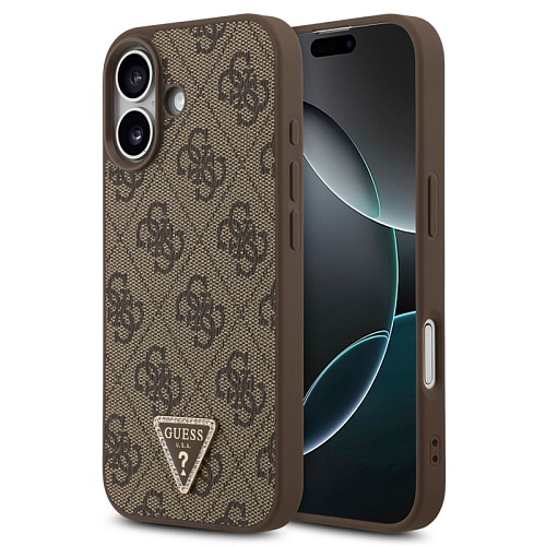 Чехол iPhone 17 Guess Triangle Diamond metal logo Hard Brown MagSafe, коричневый