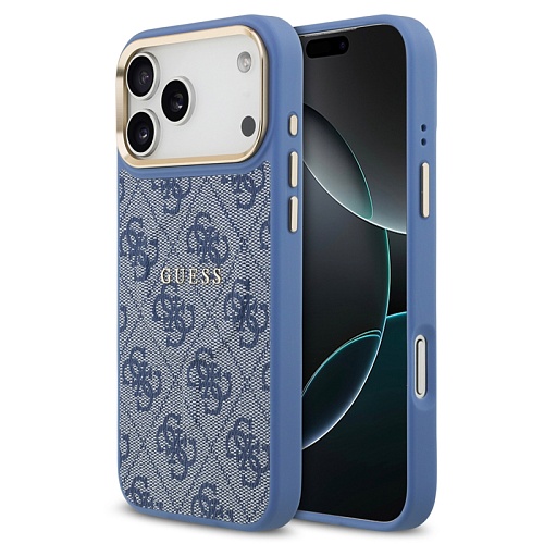 Чехол iPhone 17 Pro Max Guess PU 4G Classic metal logo Gold camera MagSafe, синий