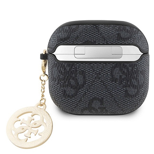 Чехол Airpods 4 Guess PU leather 4G with Classic metal logo and Diamond charm, черный