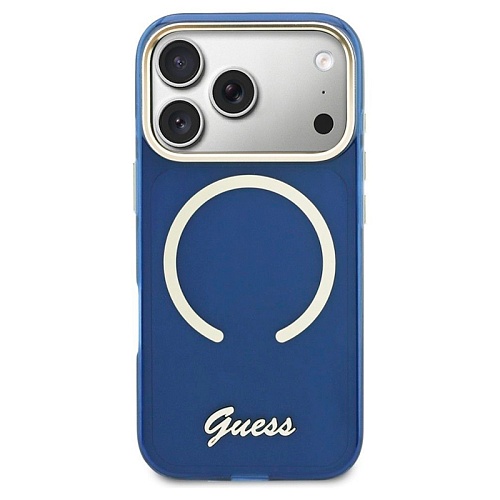Чехол iPhone 17 Pro Guess IML Script Metal logo and Camera MagSafe, синий