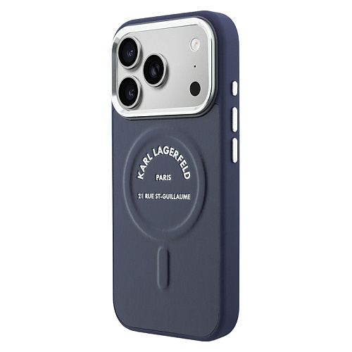 Чехол iPhone 17 Pro Max Lagerfeld PU Smooth leather RSG logo Metal camera MagSafe, синий