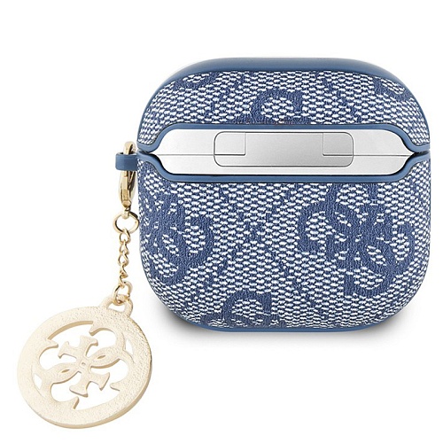 Чехол Airpods 4 Guess PU leather 4G with Classic metal logo and Diamond charm, синий