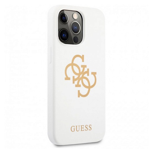 Чехол iPhone 13 Pro Guess Liquid Silicone Big 4G Gold Logo, белый