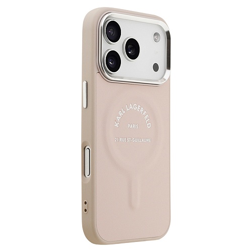 Чехол iPhone 17 Pro Max Lagerfeld PU Smooth leather RSG logo Metal camera MagSafe, розовый