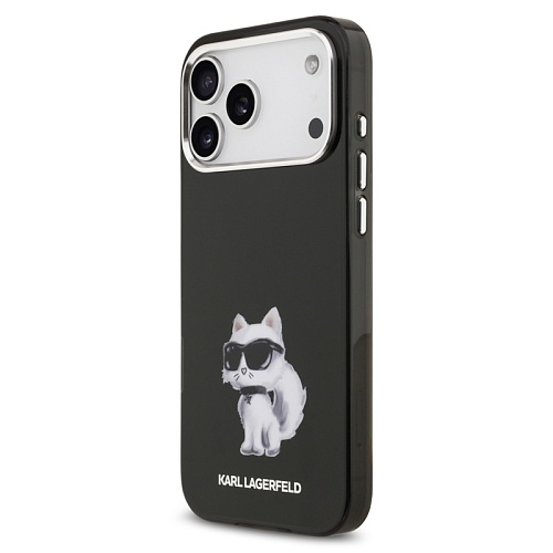Чехол iPhone 17 Pro Max Lagerfeld IML Aquarelle Choupette Metal cam MagSafe, черный