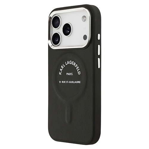 Чехол iPhone 17 Pro Max Lagerfeld PU Smooth leather RSG logo Metal camera MagSafe, черный