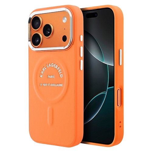 Чехол iPhone 17 Pro Max Lagerfeld PU Smooth leather RSG logo Metal camera MagSafe, оранжевый