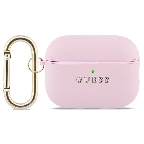 Чехол Airpods Pro 3 Guess PU Grained leather with Classic metal logo and Carabin, розовый