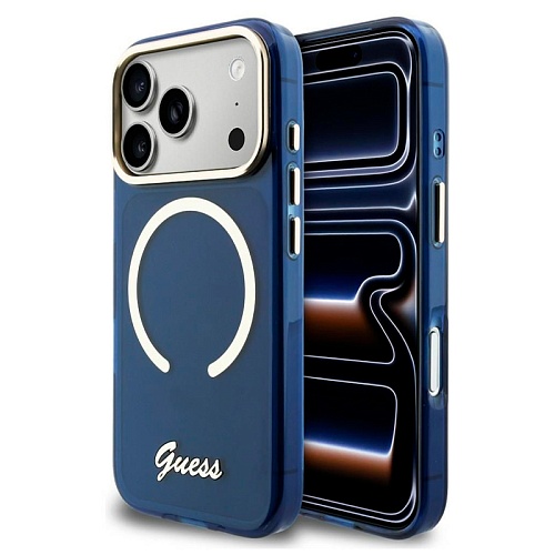 Чехол iPhone 17 Pro Guess IML Script Metal logo and Camera MagSafe, синий