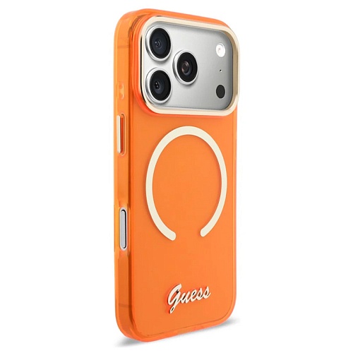 Чехол iPhone 17 Pro Guess IML Script Metal logo and Camera MagSafe, оранжевый
