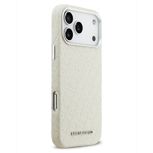 Чехол iPhone 17 Pro Max Lagerfeld PU Full Wrapped Repeated logo Metal Cam Hard, бежевый