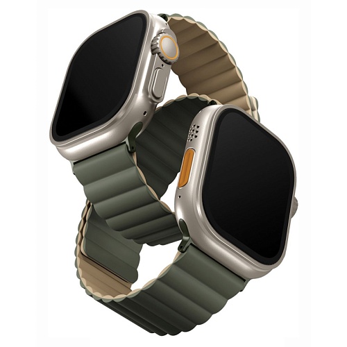 Ремешок Apple Watch 49/46/44mm Uniq Revix reversible Magnetic, зеленый/коричневый