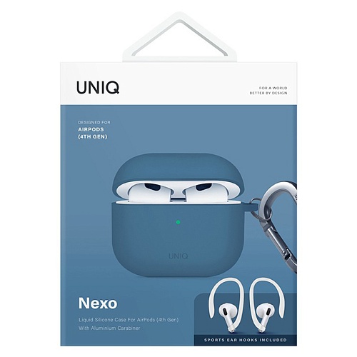 Чехол Airpods 4 Uniq NEXO Liquid silicone +carabin +Sports ear hooks Volt, синий