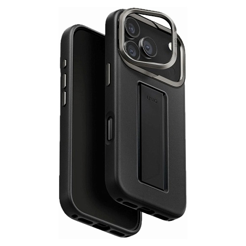 Чехол iPhone 17 Pro Max Uniq Heldro PRO Leatherette + FlexGrip & Camera stand MagSafe, черный