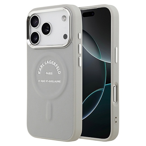 Чехол iPhone 17 Pro Max Lagerfeld PU Smooth leather RSG logo Metal camera MagSafe, серый