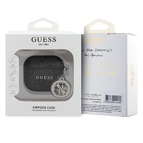 Чехол Airpods 4 Guess PU leather 4G with Classic metal logo and Diamond charm, черный
