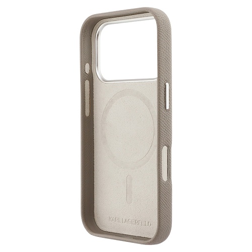 Чехол iPhone 17 Pro Max Lagerfeld PU Saffiano FW NFT Karl&Choup metal&Cam MagSafe, бежевый