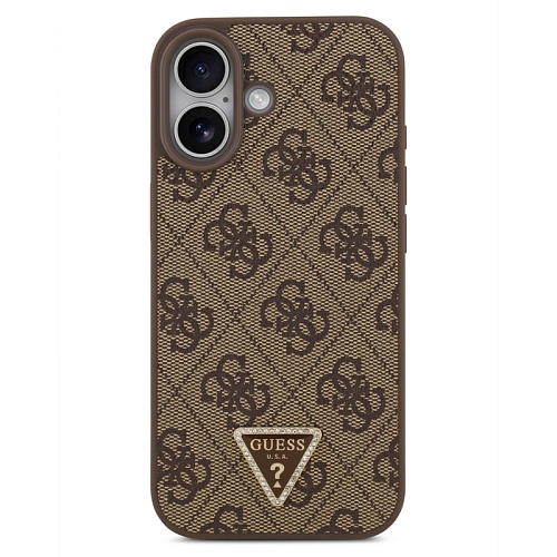 Чехол iPhone 17 Guess Triangle Diamond metal logo Hard Brown MagSafe, коричневый