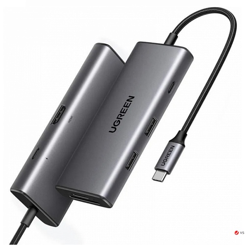 Хаб Ugreen CM498 7в1 USB-C to 2*USB-A 3.2+2*USB-C 3.2+2*HDMI+PD, серый