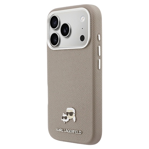 Чехол iPhone 17 Pro Max Lagerfeld PU Saffiano FW NFT Karl&Choup metal&Cam MagSafe, бежевый