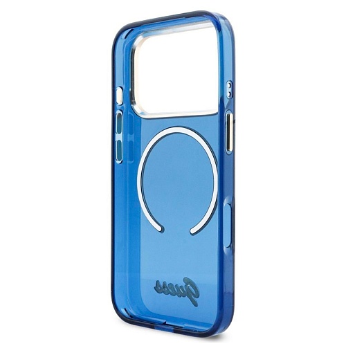 Чехол iPhone 17 Pro Guess IML Script Metal logo and Camera MagSafe, синий