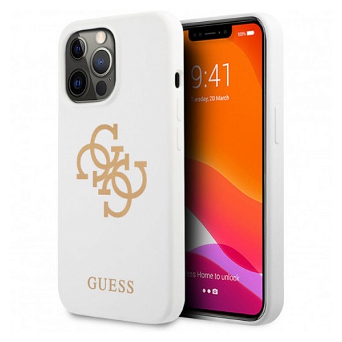 Чехол iPhone 13 Pro Guess Liquid Silicone Big 4G Gold Logo, белый