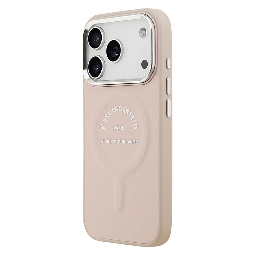 Чехол iPhone 17 Pro Max Lagerfeld PU Smooth leather RSG logo Metal camera MagSafe, розовый