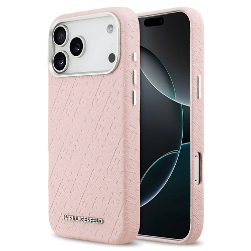 Чехол iPhone 17 Pro Max Lagerfeld PU Full Wrapped Repeated logo Metal Cam Hard, розовый