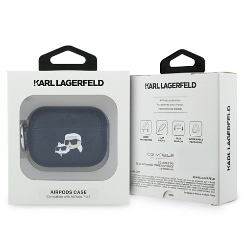 Чехол Airpods Pro 3 Lagerfeld PU Saffiano Monogram with ring NFT Metal Head Karl & Choup, черный
