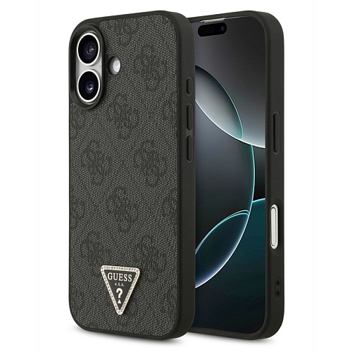 Чехол iPhone 17 Guess Triangle Diamond metal logo Hard Black MagSafe, черный